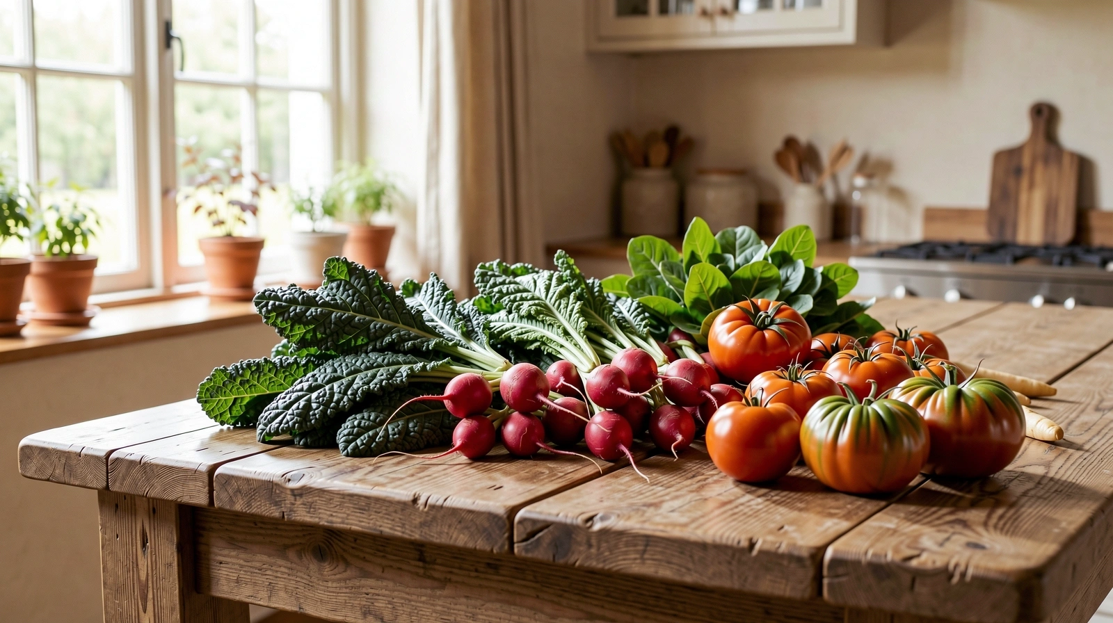 Fresh whole food ingredients on a rustic table
